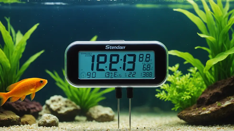 Close-up view of a digital fish tank thermometer displaying temperature