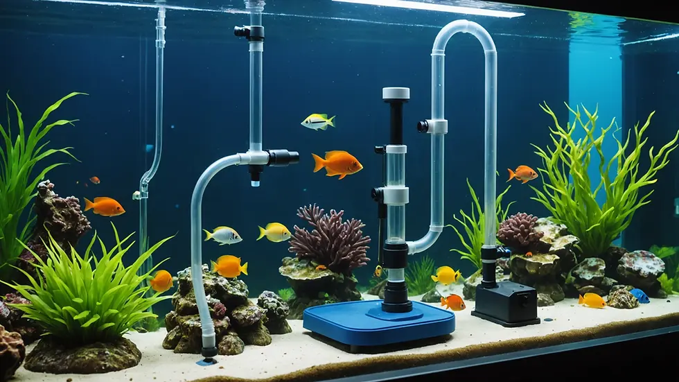 Eye-level view of aquarium maintenance tools including a protein skimmer