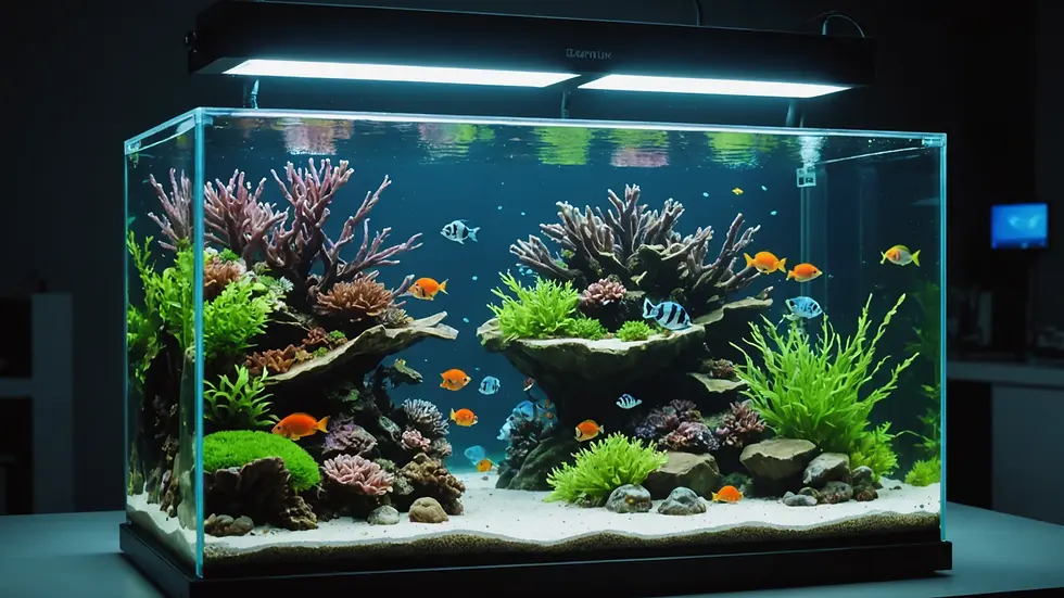 Wide-angle view of an experimental fish tank with varied light conditions