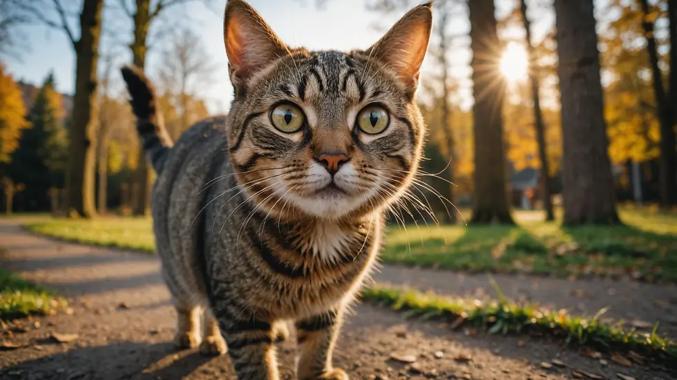 Wide angle view of a cat exploring its surroundings with alert whiskers