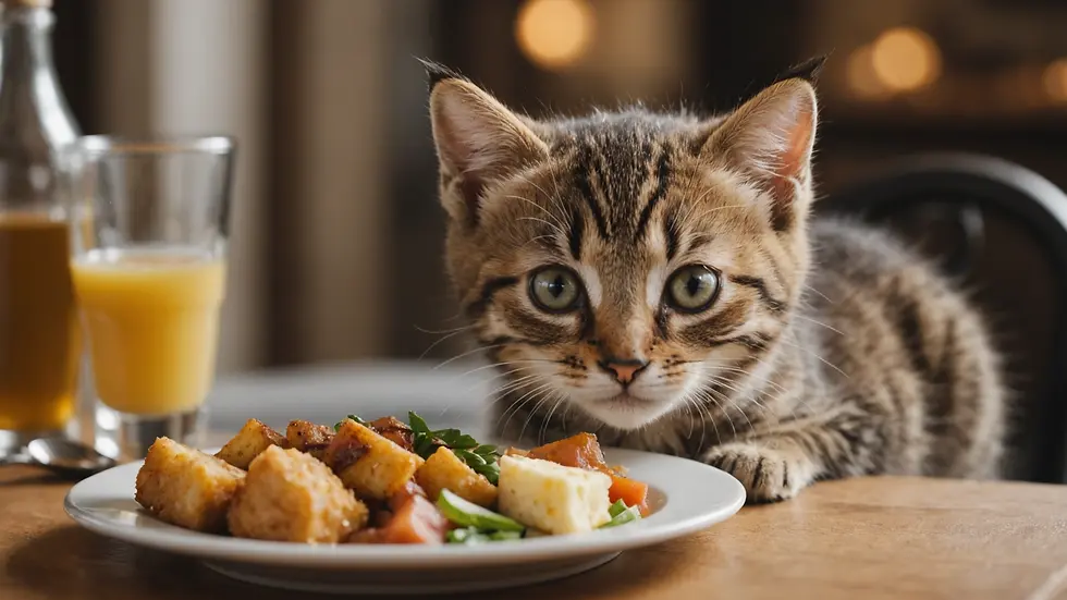 Eye-level view of a kitten enjoying a meal