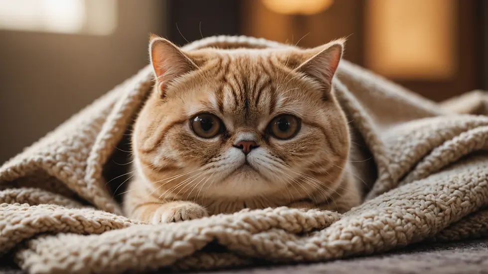 Close-up view of an Exotic Shorthair cat resting on a cozy blanket