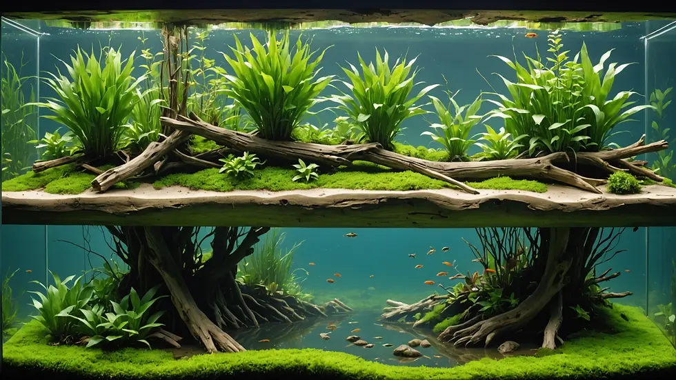 Eye-level view of a brackish water tank with driftwood and aquatic plants
