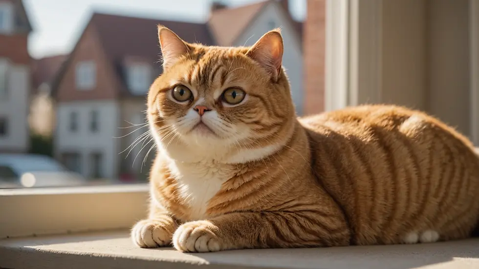 Eye-level view of an Exotic Shorthair cat lounging on a sunny windowsill