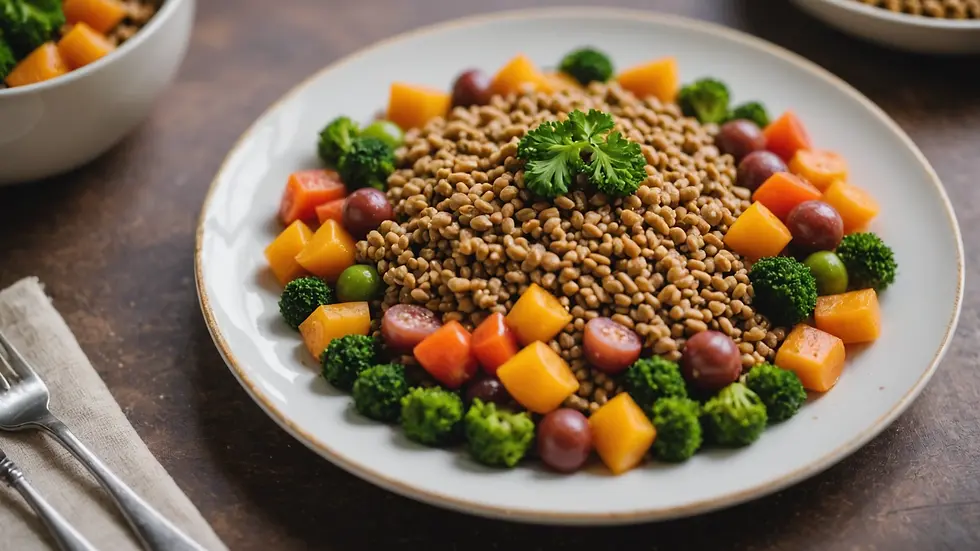 Eye-level view of a plate of fresh homemade cat food