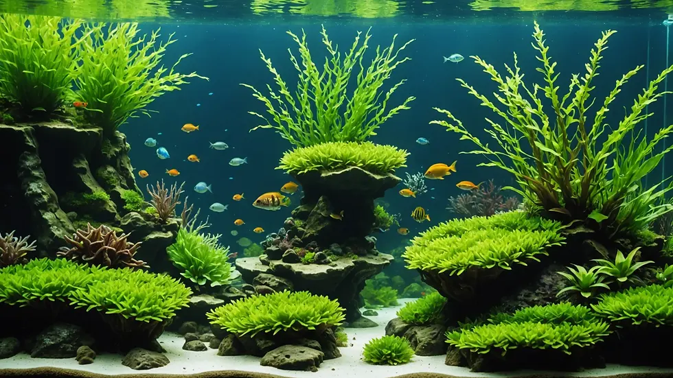 Eye-level view of densely planted aquarium with algae growth