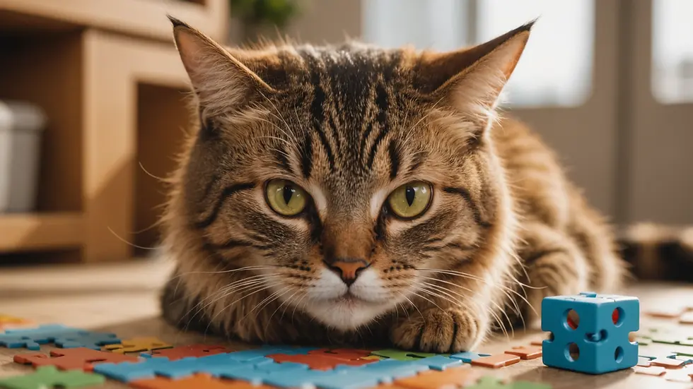 Close-up view of a cat focused on a puzzle toy