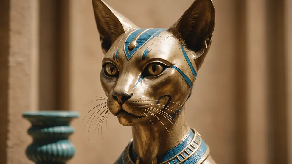 Close-up view of a sculpture of Bastet, the cat goddess