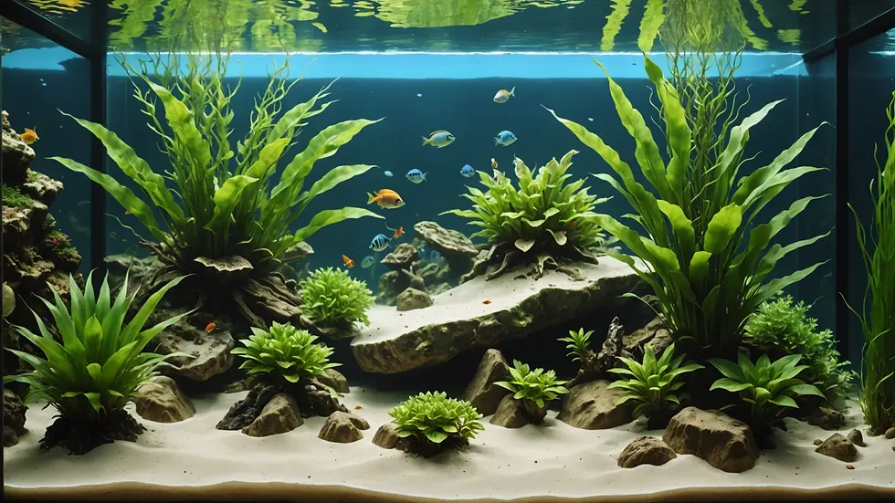 Eye-level view of a sandy aquarium substrate with plants