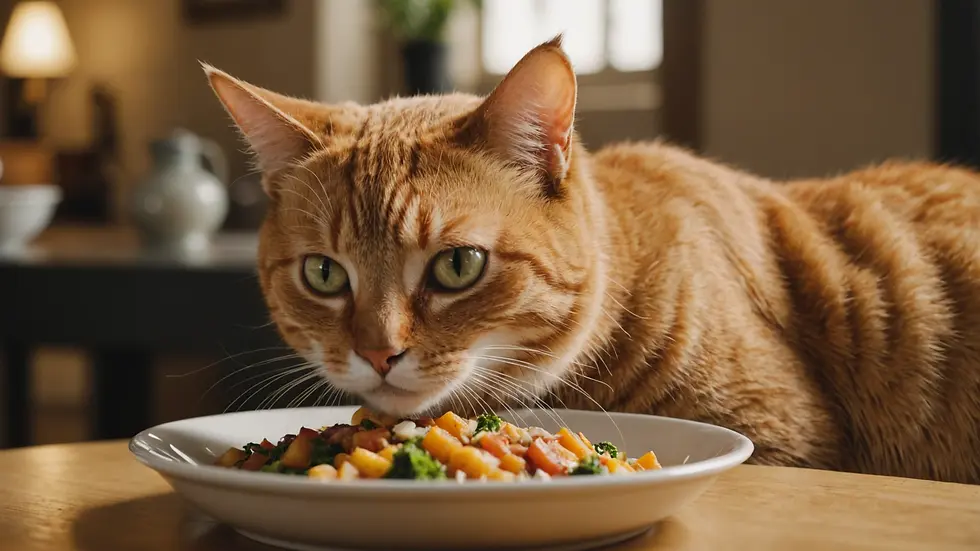 Eye-level view of a cat dining from a bowl
