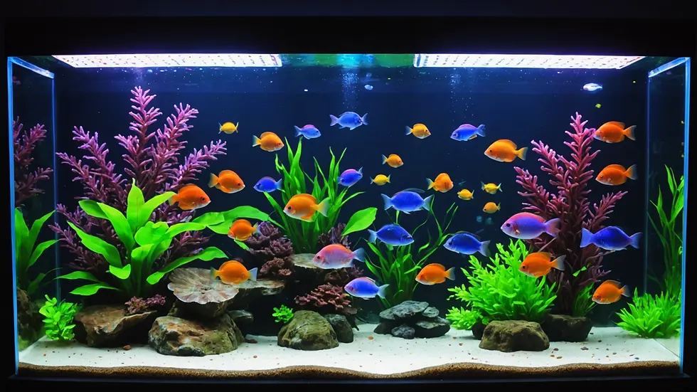 Close-up view of a colorful LED aquarium light above a fish tank