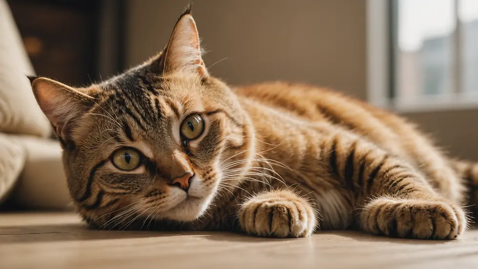 Eye-level view of a serene cat lounging in its space
