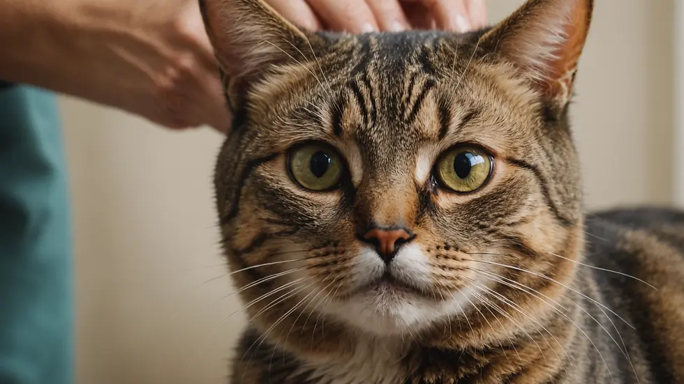 Eye-level view of a cat in a calm environment during grooming