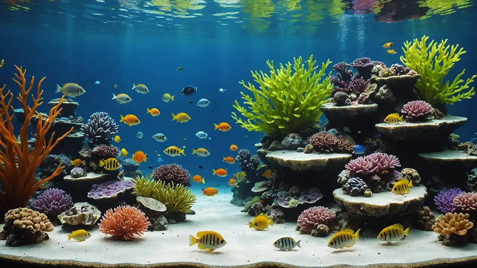 Wide angle view of a colorful aquarium displaying a thriving fish community