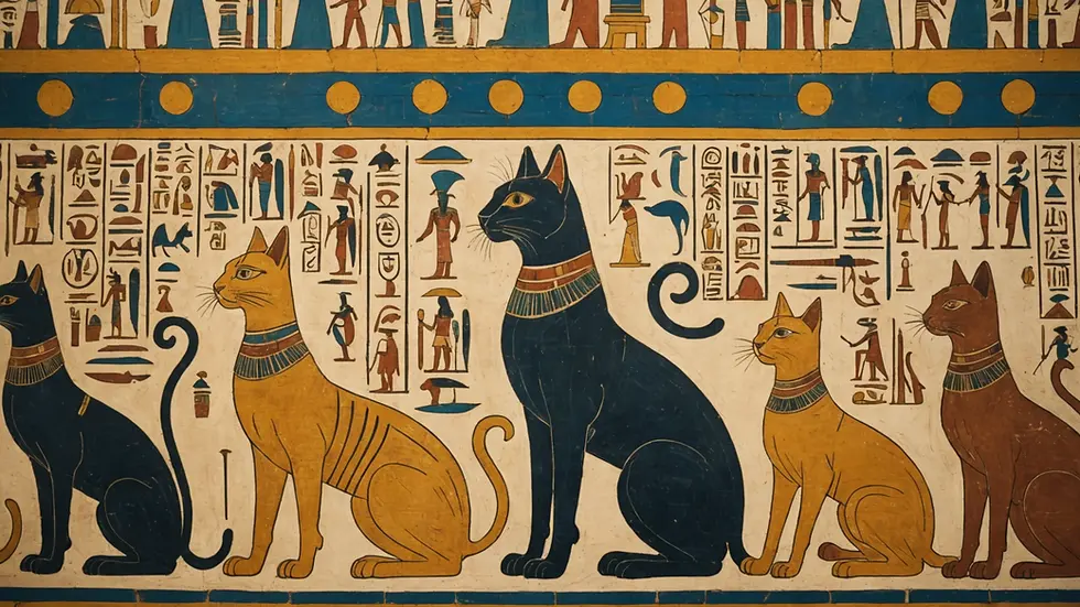 Eye-level view of an ancient Egyptian mural featuring cats