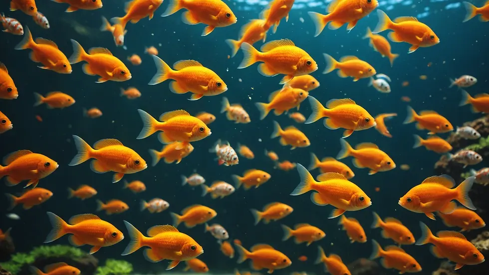 High angle view of colorful fish food being scattered in an aquarium
