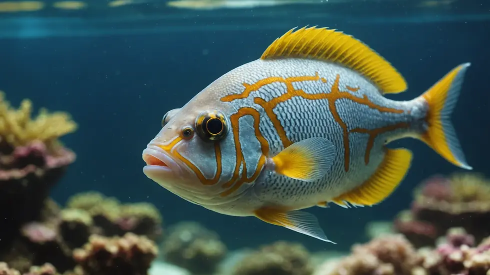 Eye-level view of a fish swimming in a clean aquarium