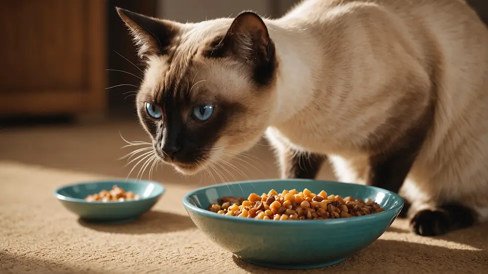 Close-up of Siamese cat eating from a bowl