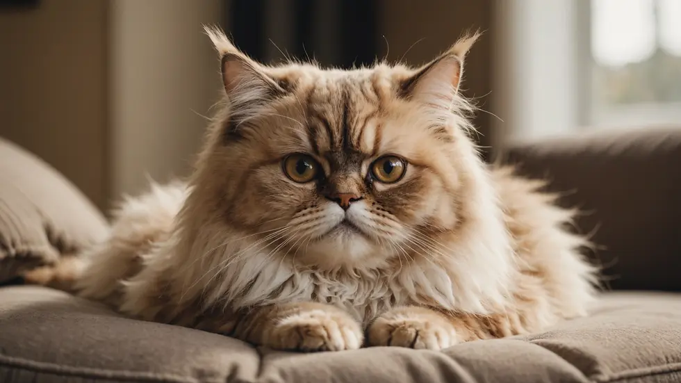 Eye-level view of a fluffy Persian cat lying comfortably on a cushion