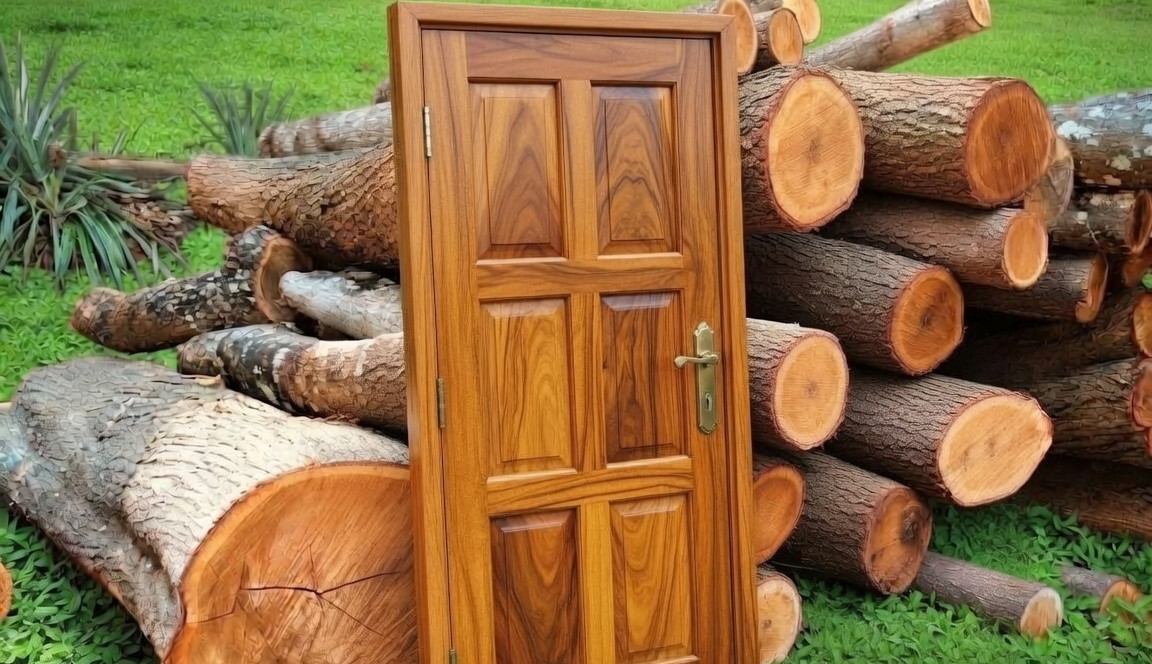 Wooden acacia door stands before stacked logs on green grass, with text Acacia - Premium Door and a Grok watermark.