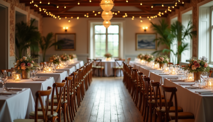 Eye-level view of elegant wedding venue dining area with set tables and floral centerpieces