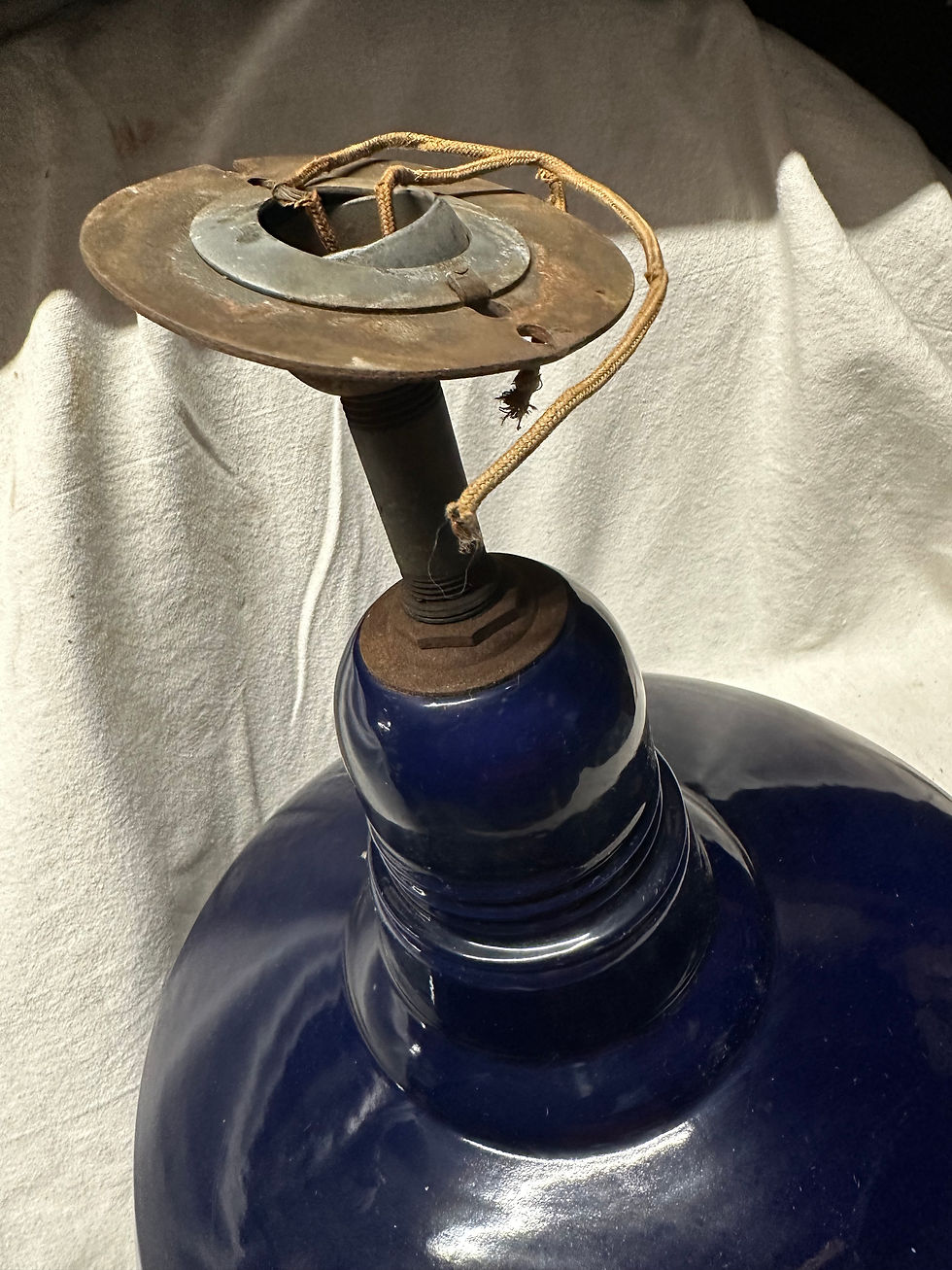 Thumbnail: Vintage Pair Cobalt 16" Porcelain Industrial light Fixtures