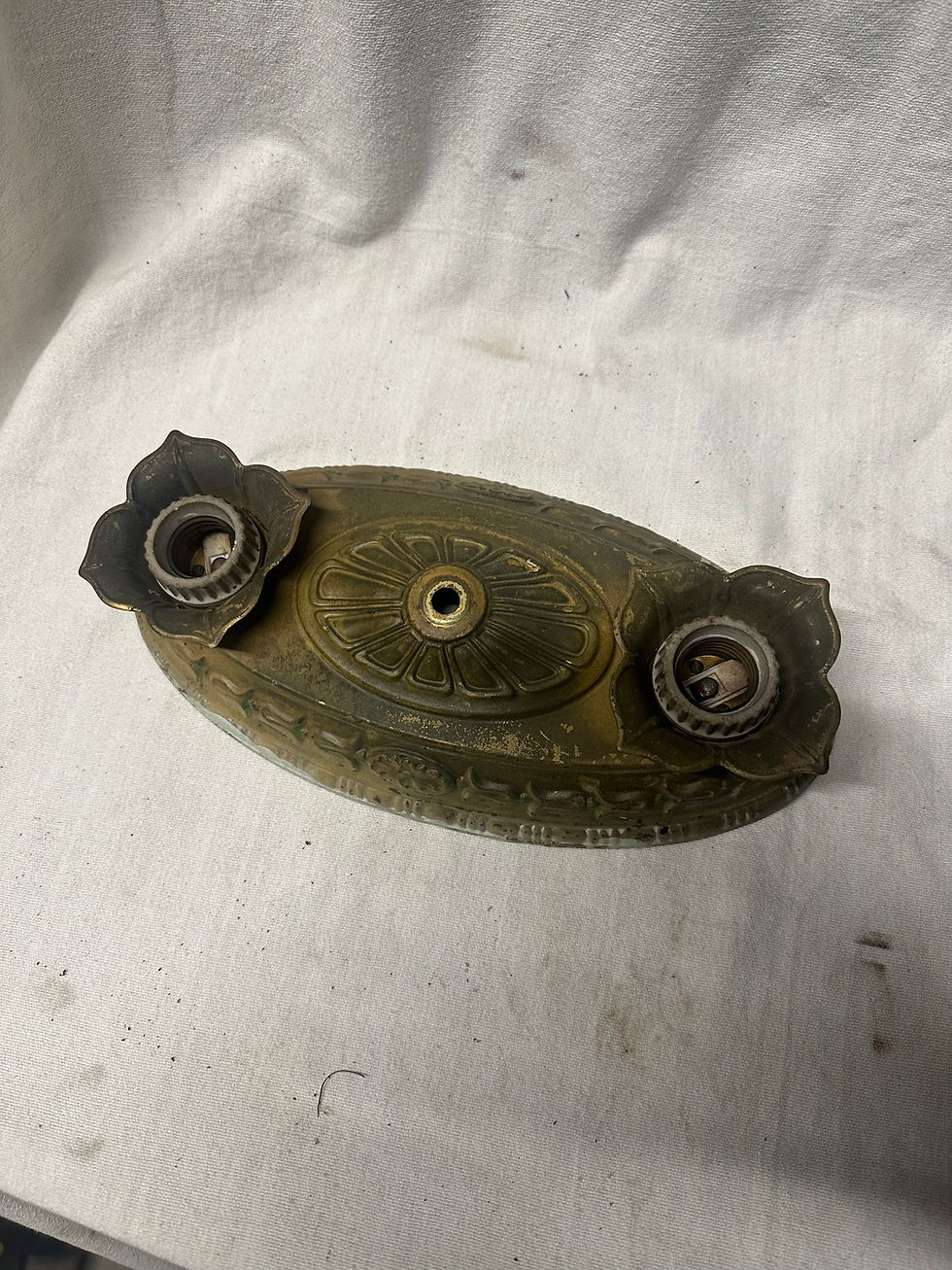 Vintage cast brass two light ceiling plate, pan fixture