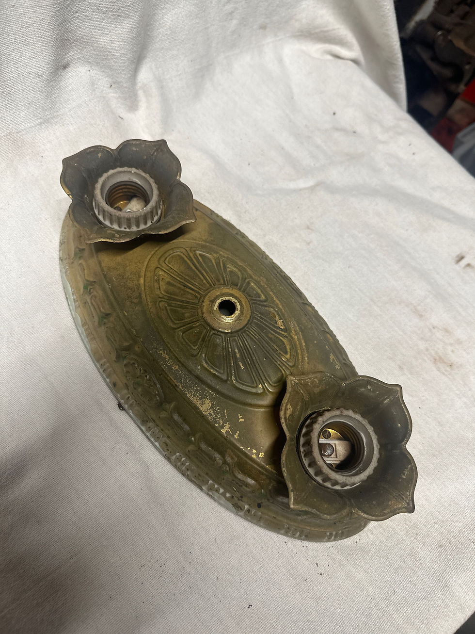 Vintage cast brass two light ceiling plate, pan fixture