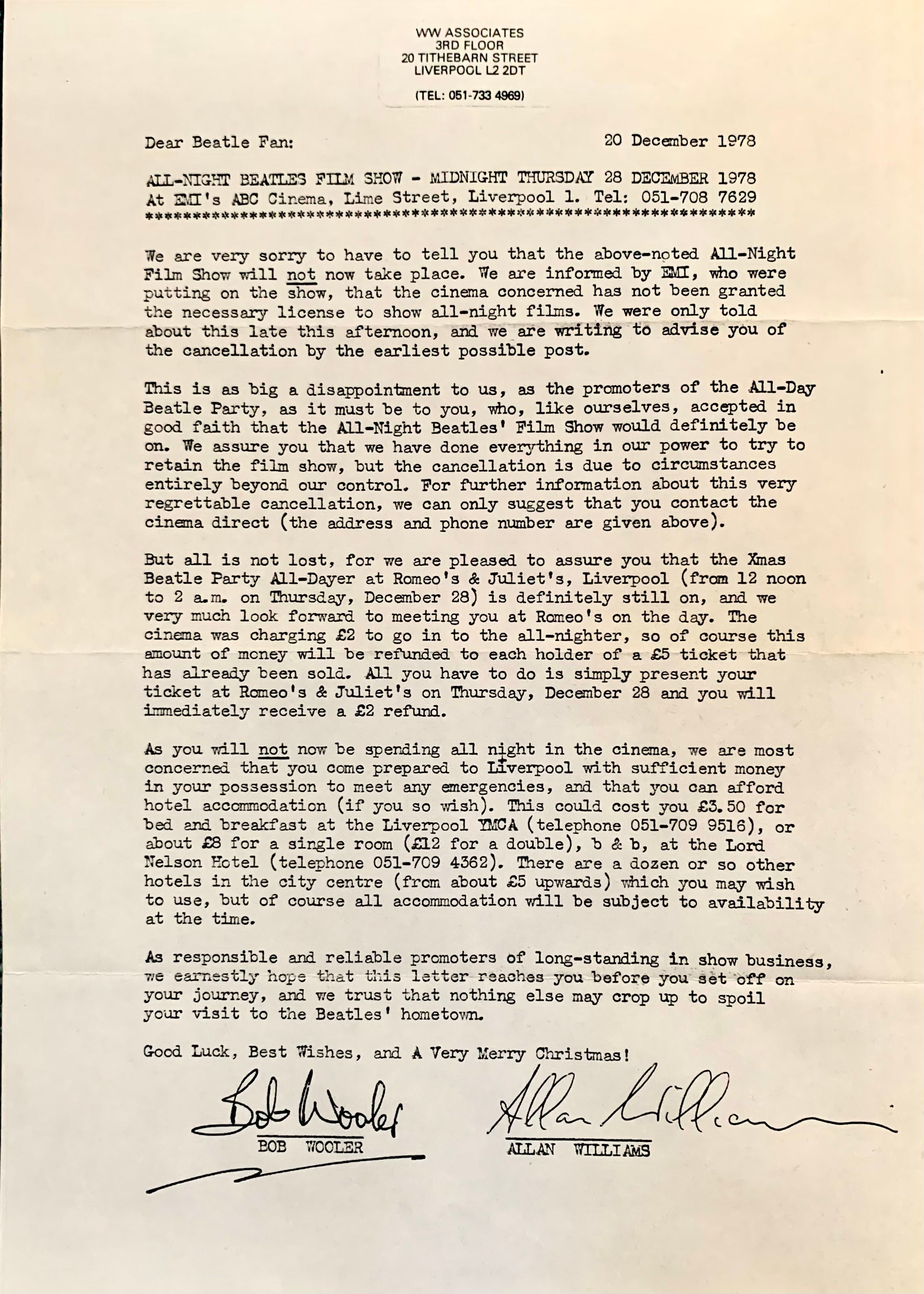 Beatles Christmas Party Letter Dec 1978