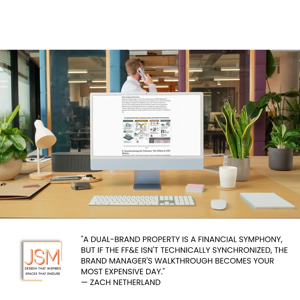 Man on phone in modern office behind desk with iMac showing article, plants, and JSM logo with a quote below.