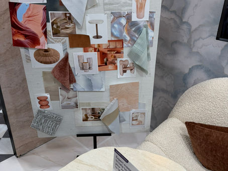 Wayfair Professional Luxe Elemental mood board with swatches, decor photos, QR code, and blush-neutral samples in a showroom.