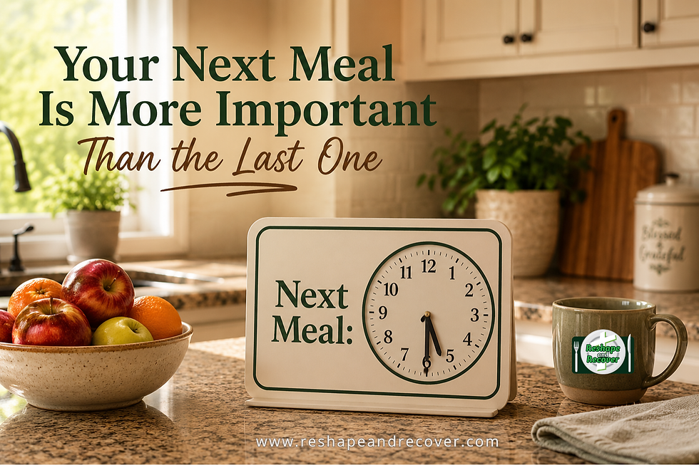 Sunlit kitchen with fruit bowl, clock sign reading Next Meal, and mug logo; text says Your Next Meal Is More Important Than the Last One