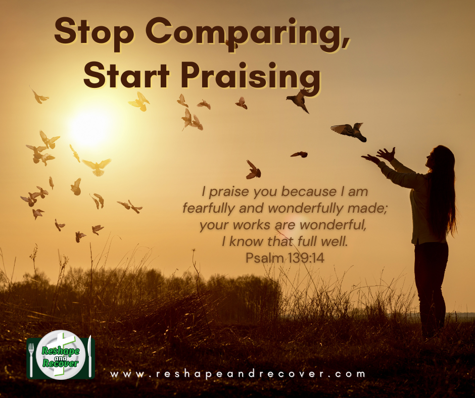 Silhouette of a woman lifting her arms in praise at sunset with birds flying, overlaid with the words “Stop Comparing, Start Praising” and Psalm 139:14.
