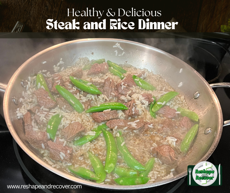 Picture of Steak, rice, and sugar snap peas cooking in a pan on Julie's stove.