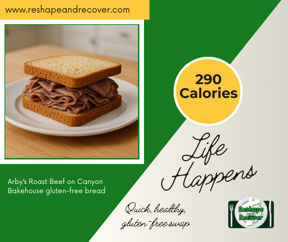 Gluten-free roast beef sandwich on a white plate, made with Arby’s roast beef and Canyon Bakehouse bread, shown on a kitchen table with text overlay reading “290 Calories – Life Happens – Quick, healthy, gluten-free swap.”