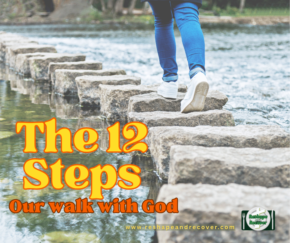 A person walking across stone steps in a river, symbolizing the 12 Steps and a Christ-centered journey with God toward recovery from overeating.