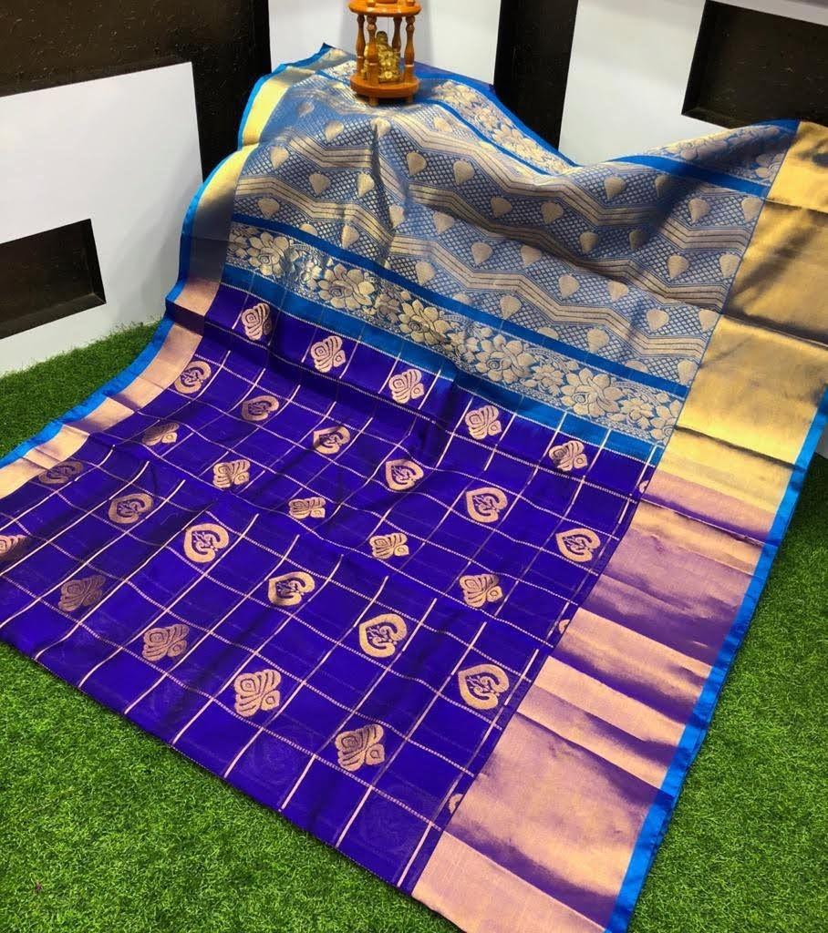Kuppadam Pattu Saree In Blue With Butta and Contrast Pallu and Stitched Blouse