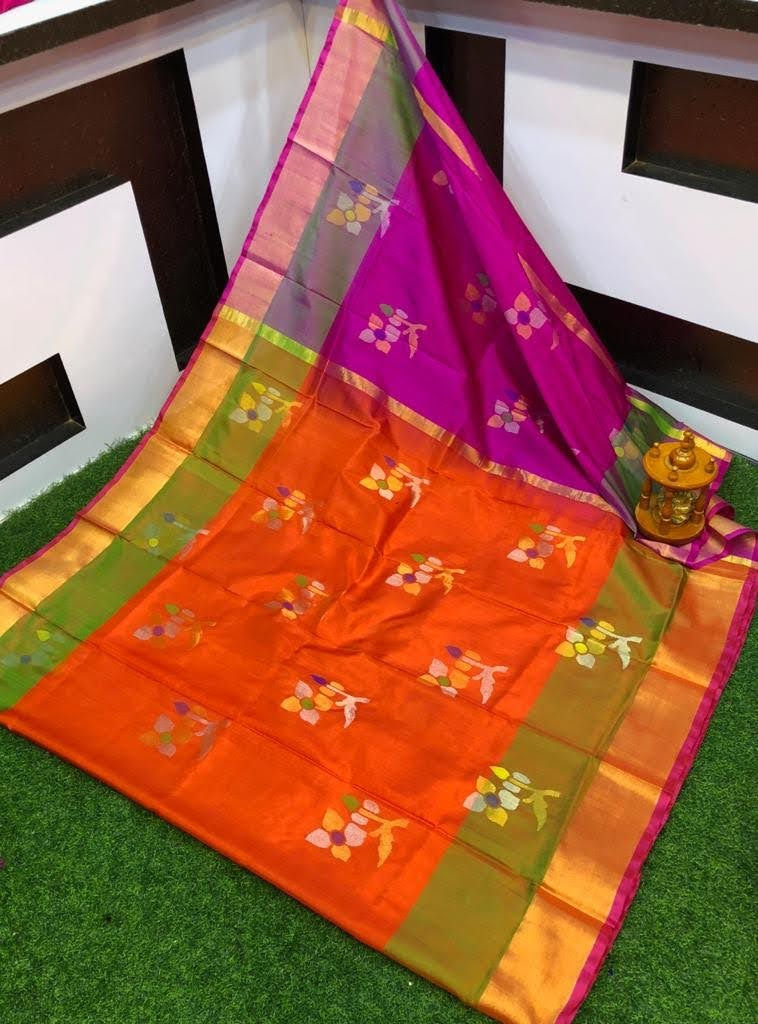 Jamdhani Pattu Saree In Orange With Butta and Contrast Pallu and Stitched Blouse