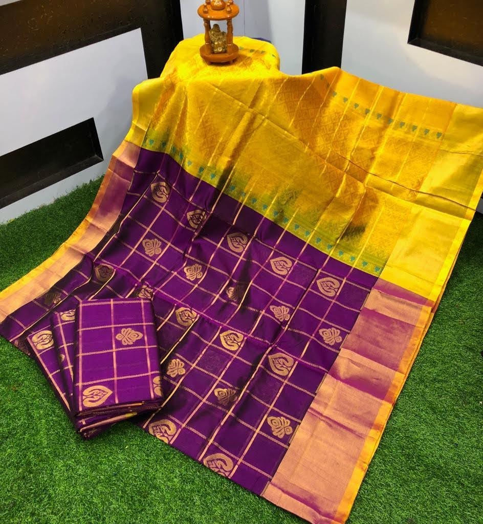 Kuppadam Pattu Saree In Purple With Butta and Contrast Pallu and Stitched Blouse