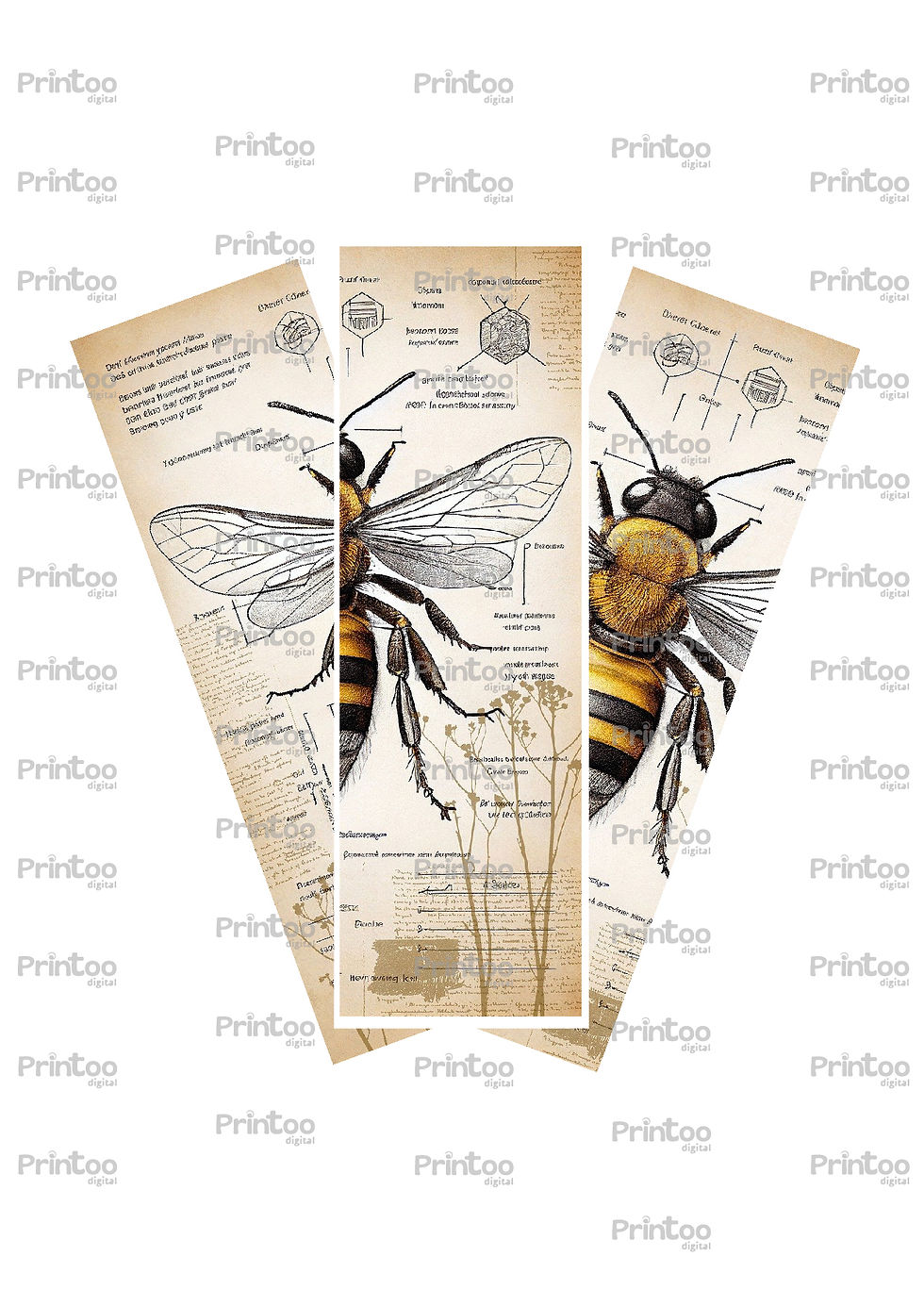 Pack 3 Marque-pages Abeille Guêpe Insecte 17,5 cm x 5,5 cm Printable Imprimable