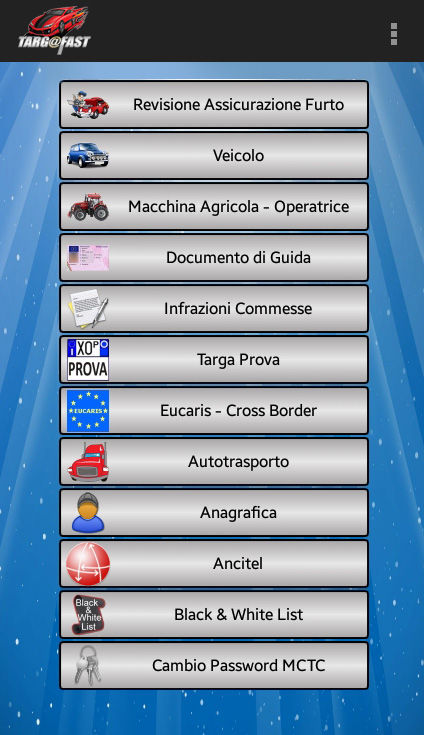 Interfaccia Menù principale TargaFast app