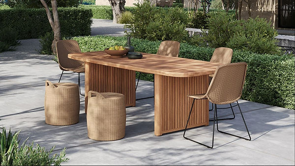 Elegant outdoor dining set from Design Warehouse featuring a solid teak dining table with fluted details, woven chairs, and wicker ottomans. A perfect blend of outdoor furniture, style, and durability for patios and gardens.