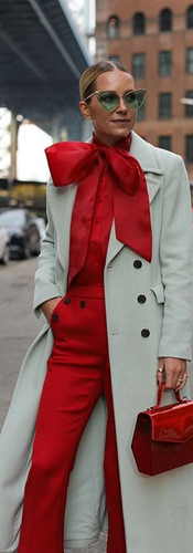 bold red bow tie blouse