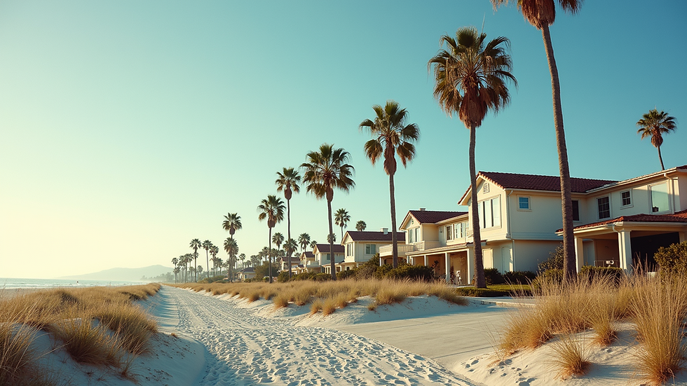 Eye-level view of beachfront homes with palm trees and clear skies
