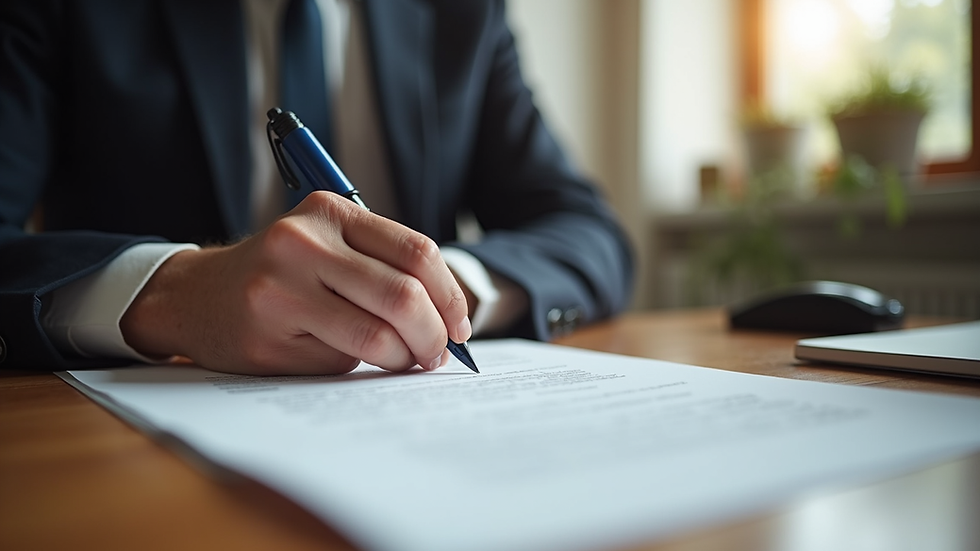 Eye-level view of a mobile notary signing documents at a home office desk