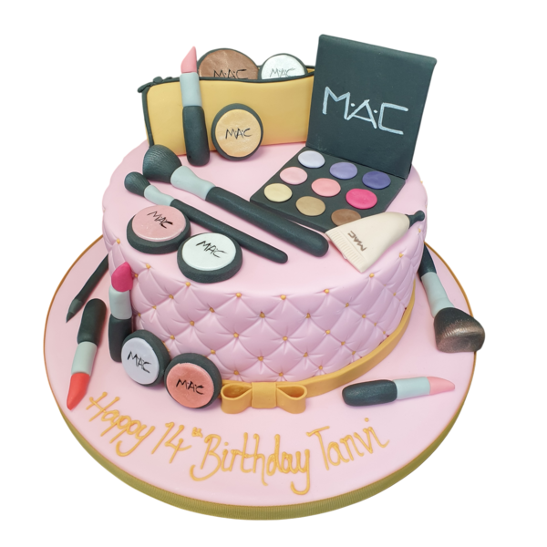 A beautifully crafted makeup-themed cake designed to resemble MAC cosmetics products, perfect for beauty lovers and special occasions.