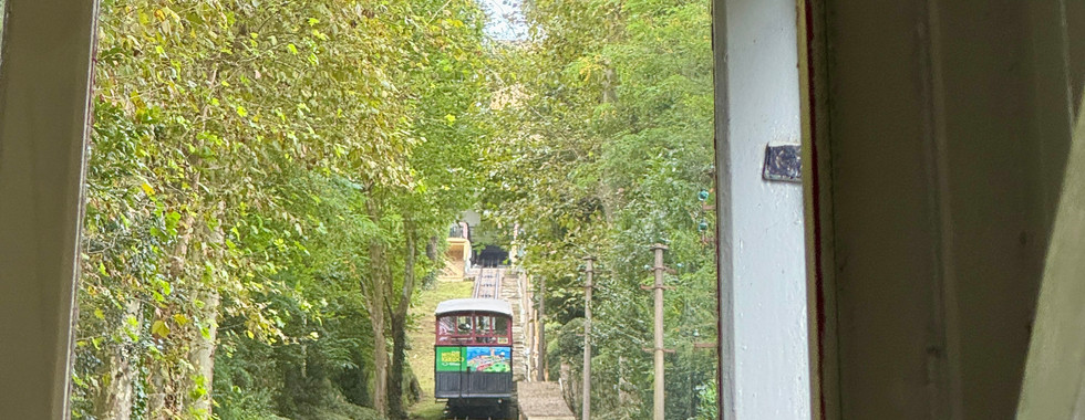 A funicular going up Mount Igeuldo in San Sebastian, Spain