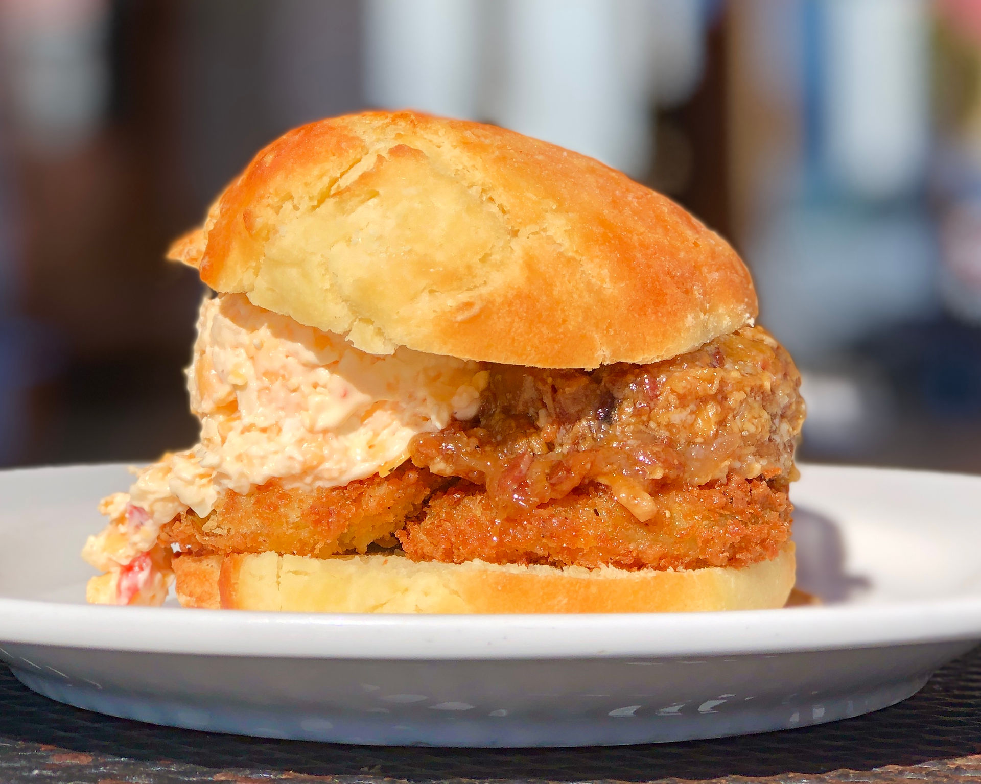 Southern biscuit with pimento cheese and fried green tomatoes