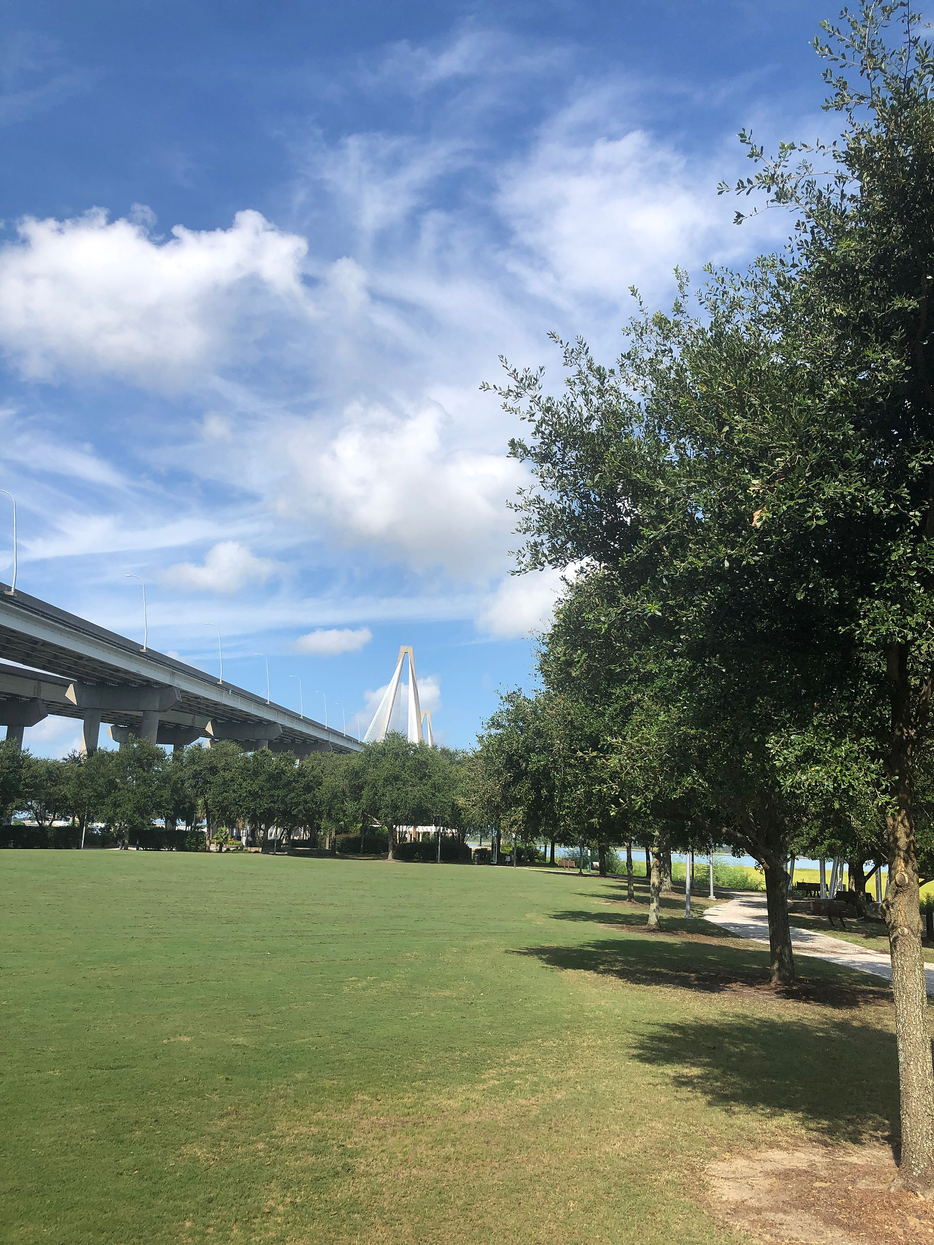 Grassy area and walkway at Mount Pleasant Waterfront Park with the Ravenel Bridge in the background