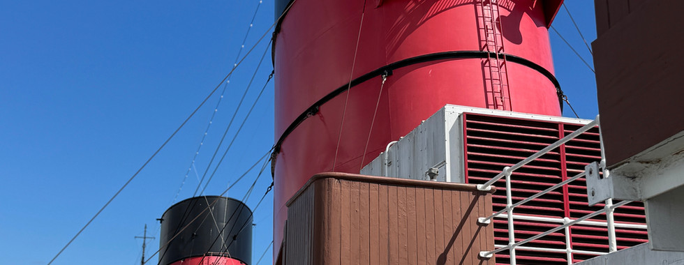 Series of smoke stacks on Queen Mary ship in Long Beach